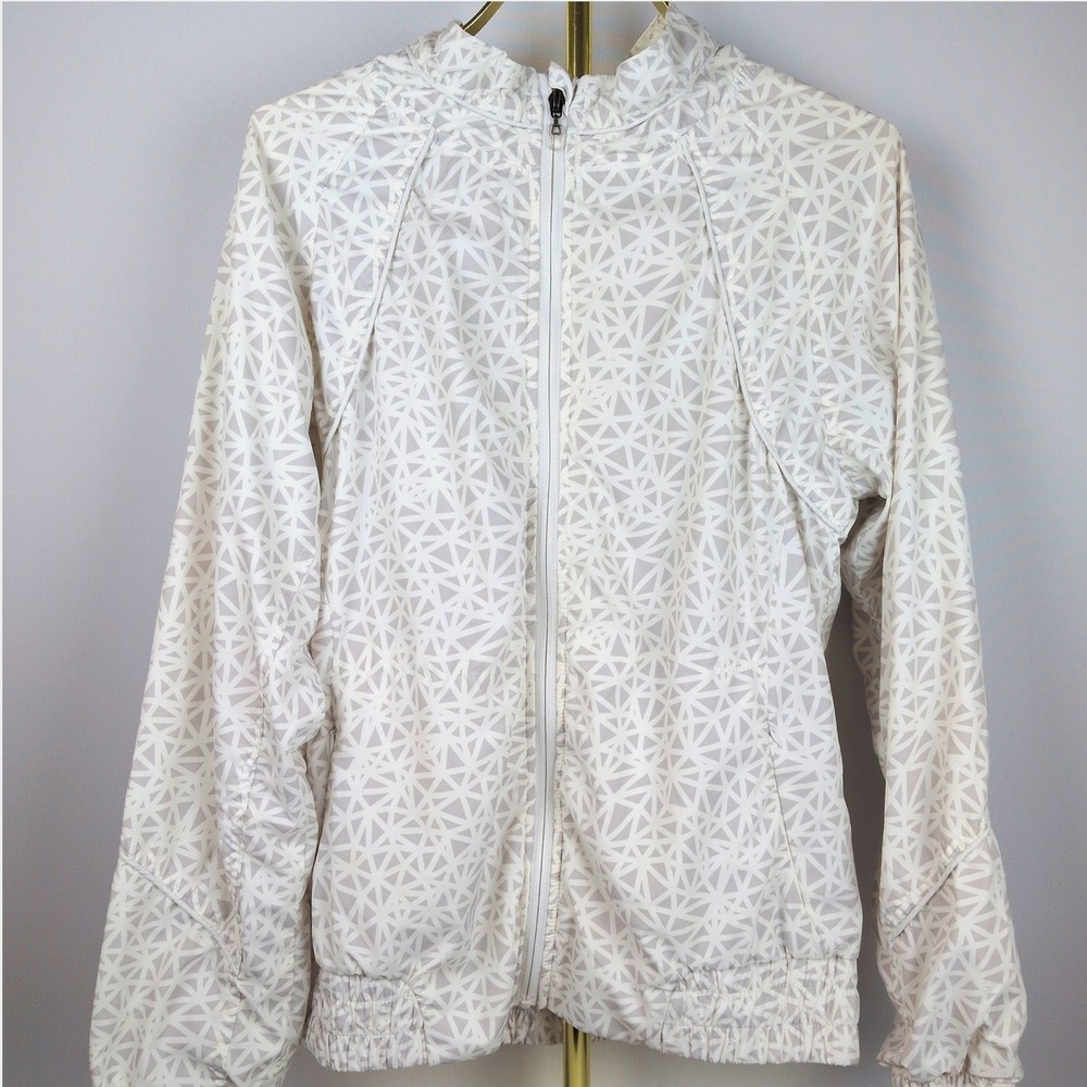 Kyodan Women L Windbreaker Jacket White Grey Geometric Mesh Lined Zip USJ508